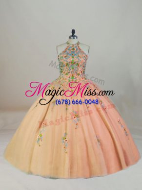 Clearance Peach Lace Up Sweet 16 Dress Appliques and Embroidery Sleeveless Brush Train