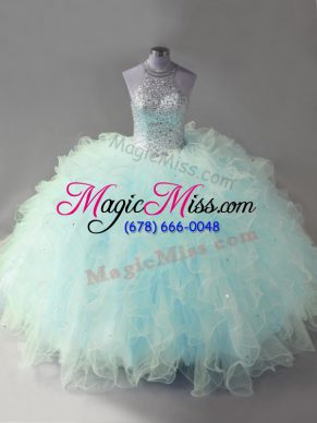 Light Blue Halter Top Neckline Beading and Ruffles Quinceanera Dresses Sleeveless Lace Up
