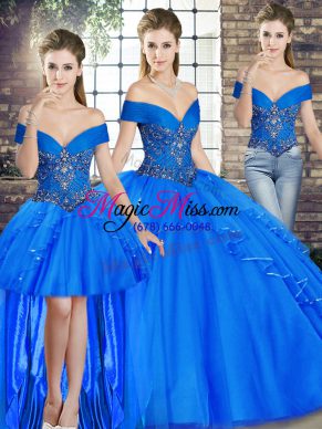 Fashion Floor Length Royal Blue Quinceanera Gown Off The Shoulder Sleeveless Lace Up