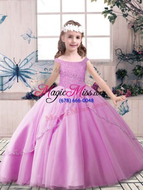 Ball Gowns Little Girls Pageant Gowns Lilac Off The Shoulder Tulle Sleeveless Floor Length Lace Up