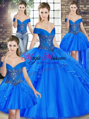 Pretty Royal Blue Tulle Lace Up Quince Ball Gowns Sleeveless Floor Length Beading and Ruffles