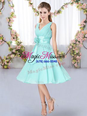 Aqua Blue V-neck Neckline Hand Made Flower Bridesmaid Dresses Sleeveless Lace Up