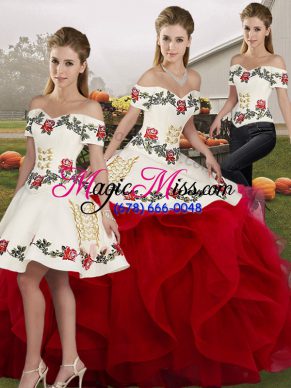 Graceful White And Red Sleeveless Tulle Lace Up Sweet 16 Dresses for Military Ball and Sweet 16 and Quinceanera