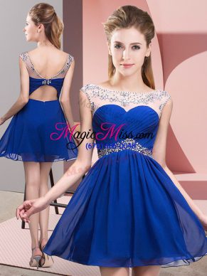 Dramatic Sleeveless Mini Length Beading and Ruching Backless Prom Gown with Royal Blue