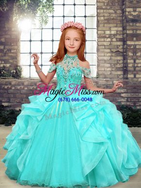 High-neck Sleeveless Organza Little Girl Pageant Dress Beading and Ruffles Lace Up