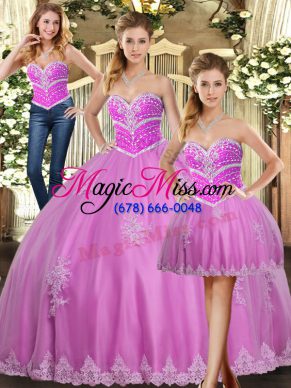 Lilac Ball Gowns Beading and Appliques Ball Gown Prom Dress Lace Up Tulle Sleeveless Floor Length
