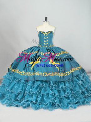 Classical Teal Ball Gowns Sweetheart Sleeveless Satin and Organza Brush Train Lace Up Embroidery and Ruffled Layers Quinceanera Dress