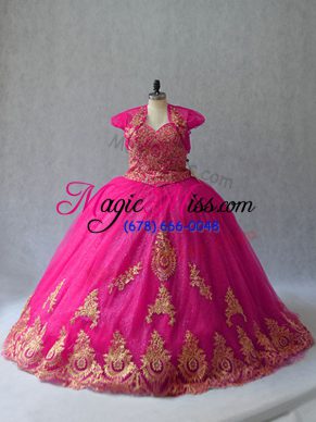 Free and Easy Sleeveless Tulle Court Train Lace Up 15 Quinceanera Dress in Hot Pink with Appliques