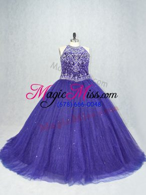 Fine Sleeveless Tulle Brush Train Lace Up Vestidos de Quinceanera in Purple with Beading