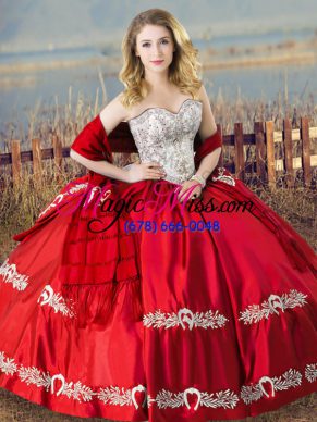 Floor Length Red Quince Ball Gowns Satin Sleeveless Beading and Embroidery
