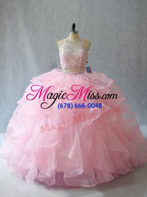 Cheap Sleeveless Brush Train Beading and Ruffles Backless Quinceanera Gown
