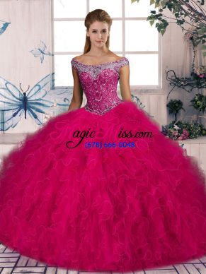 Dynamic Lace Up Quinceanera Dress Hot Pink for Sweet 16 and Quinceanera with Beading and Ruffles Brush Train