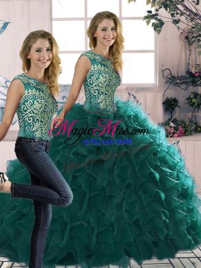 Peacock Green Quinceanera Dress Military Ball and Sweet 16 and Quinceanera with Beading and Ruffles Scoop Sleeveless Lace Up