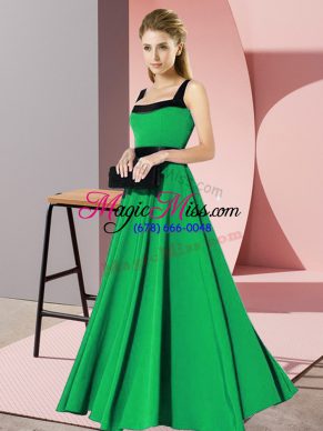 Green Empire Square Sleeveless Chiffon Floor Length Zipper Belt Quinceanera Court of Honor Dress