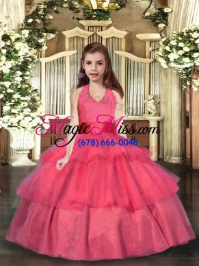 Cheap Coral Red Halter Top Neckline Ruffled Layers Little Girls Pageant Dress Wholesale Sleeveless Lace Up