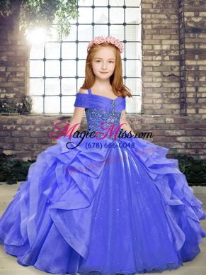 Blue Organza Lace Up Pageant Dress for Womens Sleeveless Floor Length Beading and Ruffles