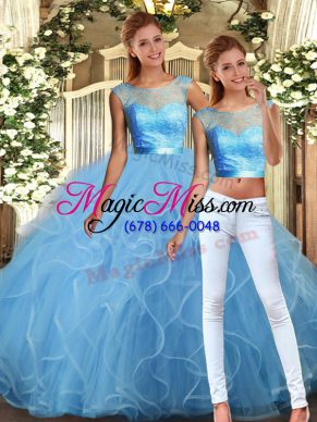 Simple Baby Blue Backless Sweet 16 Quinceanera Dress Lace and Ruffles Sleeveless Floor Length