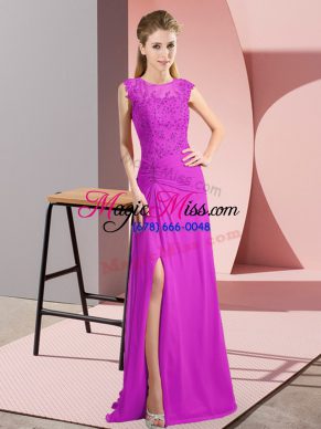 Fuchsia Column/Sheath Scoop Sleeveless Chiffon Floor Length Zipper Beading Prom Party Dress
