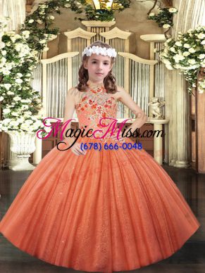 High End Tulle Halter Top Sleeveless Lace Up Appliques Little Girl Pageant Gowns in Orange