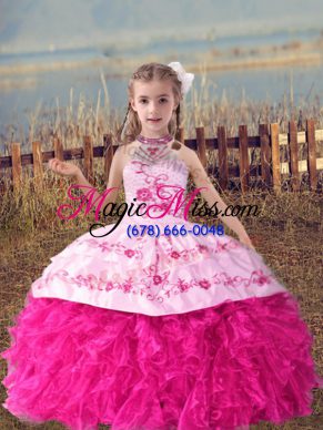 On Sale Hot Pink Halter Top Neckline Beading and Embroidery and Ruffles Pageant Dress for Teens Sleeveless Lace Up