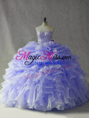 Hot Sale Lavender Lace Up Strapless Beading and Ruffles and Pick Ups Ball Gown Prom Dress Organza Sleeveless Brush Train