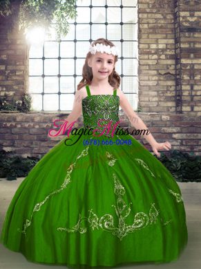 Green Tulle Lace Up Straps Long Sleeves Floor Length Little Girl Pageant Dress Beading
