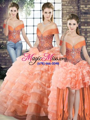 Beading and Ruffled Layers Quinceanera Gown Peach Lace Up Sleeveless Brush Train