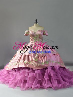 Clearance Sleeveless Organza Chapel Train Lace Up 15 Quinceanera Dress in Lilac with Embroidery and Ruffles