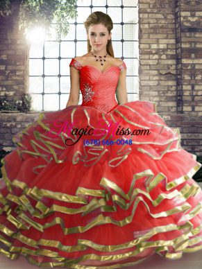 Super Coral Red Ball Gowns Tulle Off The Shoulder Sleeveless Beading and Ruffled Layers Floor Length Lace Up Quinceanera Dress
