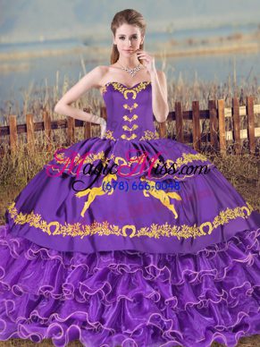 Sweetheart Sleeveless Quince Ball Gowns Embroidery and Ruffled Layers Purple Organza