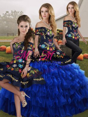 Inexpensive Floor Length Blue And Black Sweet 16 Dress Off The Shoulder Sleeveless Lace Up