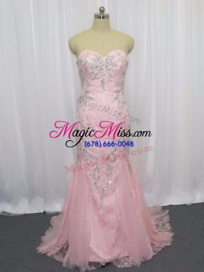 Pink Sleeveless Tulle Brush Train Zipper for Prom and Party and Military Ball