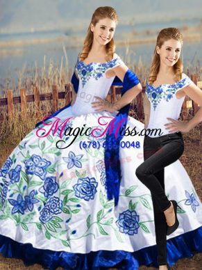 Elegant Blue And White Two Pieces Embroidery Quinceanera Gowns Lace Up Satin Sleeveless Floor Length