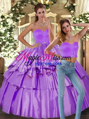 Super Lilac Two Pieces Sweetheart Sleeveless Satin Floor Length Backless Ruffled Layers Vestidos de Quinceanera