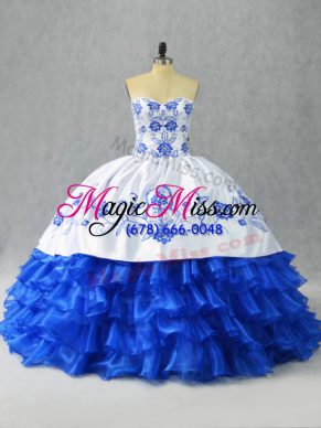 Floor Length Lace Up Quinceanera Dress Blue And White for Sweet 16 and Quinceanera with Embroidery and Ruffled Layers