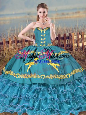 Classical Satin and Organza Sweetheart Sleeveless Brush Train Lace Up Embroidery and Ruffles Quinceanera Gown in Blue