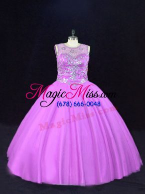 Enchanting Lilac Scoop Neckline Beading Ball Gown Prom Dress Sleeveless Lace Up