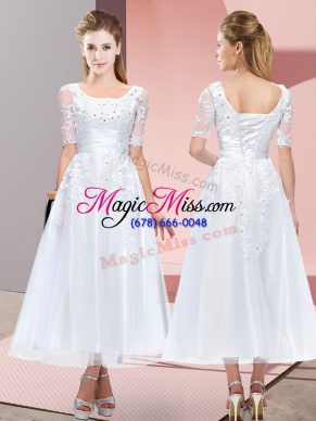 Glorious Tulle Short Sleeves Tea Length Quinceanera Court Dresses and Beading and Lace