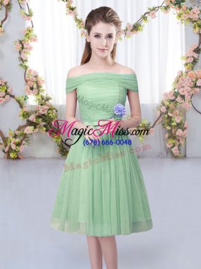 Most Popular Green Tulle Lace Up Bridesmaids Dress Short Sleeves Knee Length Belt