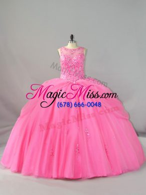 Luxury Rose Pink Ball Gown Prom Dress Sweet 16 and Quinceanera with Beading and Appliques Scoop Sleeveless Brush Train Lace Up