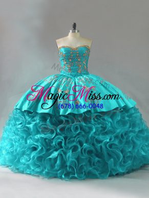 Aqua Blue Ball Gowns Embroidery and Ruffles Ball Gown Prom Dress Lace Up Fabric With Rolling Flowers Sleeveless