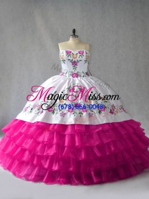 Custom Design Fuchsia Sleeveless Embroidery and Ruffled Layers Floor Length Quinceanera Dress