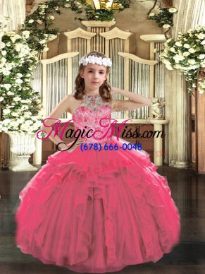 Hot Pink Tulle Lace Up Pageant Gowns For Girls Sleeveless Floor Length Beading and Ruffles