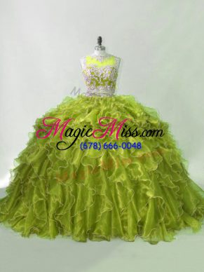 Olive Green Two Pieces Beading and Ruffles 15th Birthday Dress Zipper Organza Sleeveless