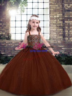 Brown Sleeveless Floor Length Beading Lace Up Little Girls Pageant Gowns