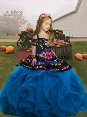 Blue Ball Gowns Tulle Straps Sleeveless Embroidery and Ruffles Floor Length Lace Up Girls Pageant Dresses