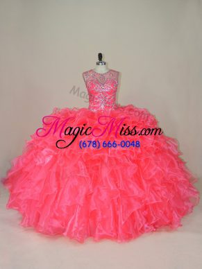 Sleeveless Organza Lace Up Quinceanera Gown in Pink with Beading and Ruffles