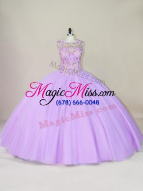 Exquisite Floor Length Lace Up Quince Ball Gowns Lavender for Sweet 16 and Quinceanera with Beading