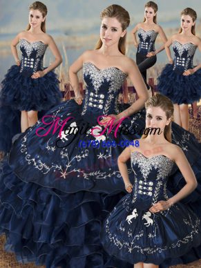 Clearance Embroidery and Ruffles Ball Gown Prom Dress Navy Blue Lace Up Sleeveless Floor Length