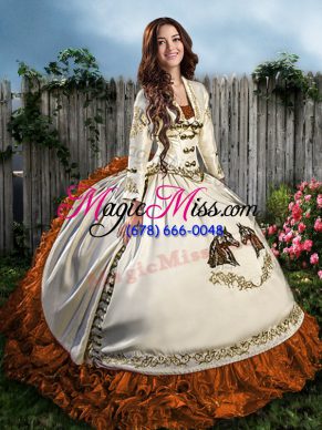 Simple Brown Satin and Organza Lace Up Sweetheart Sleeveless Floor Length Quinceanera Dress Beading and Embroidery